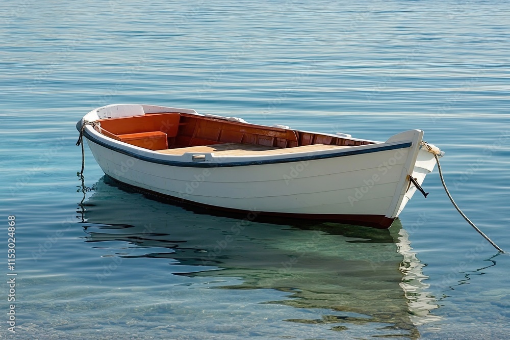 A small white boat floating on clear water. A small white boat floating on clear water.