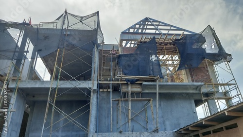 Under Construction House Metal Frame Scaffolding Netting Grey Walls
