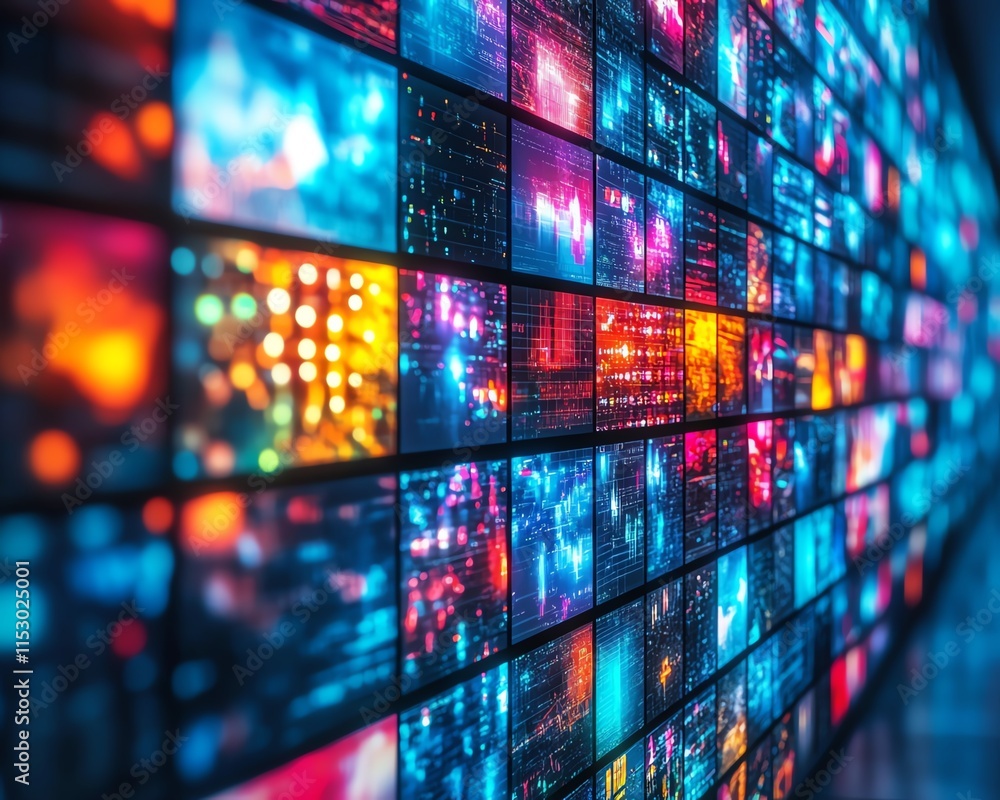 Multimedia streaming wall with vibrant colorful channel images, abstract entertainment background, dynamic visuals, futuristic design, and entertainment concept Multimedia streaming wall with vibrant colorful channel images, abstract entertainment background, dynamic visuals, futuristic design, and entertainment concept