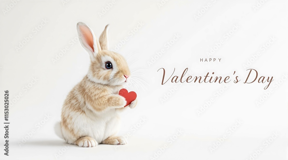 Obraz premium A cute happy valentines day bunny holding a small red heart on clean white background. Loving, sweet concept. Ideal for love, romance and greeting cards.