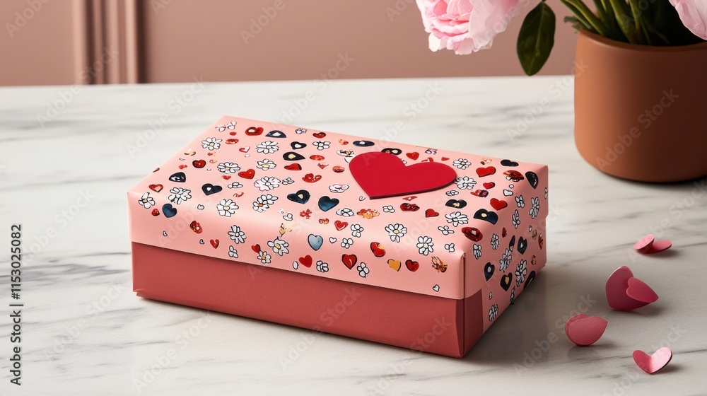 Elegant gift box with heart shaped pattern and ribbon on marble table Elegant gift box with heart shaped pattern and ribbon on marble table