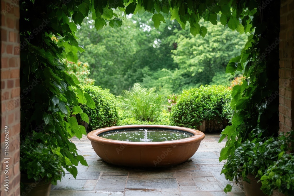 Tight frame of a rustic water fountain surrounded by lush greenery and blooming flowers in a tranquil garden setting.