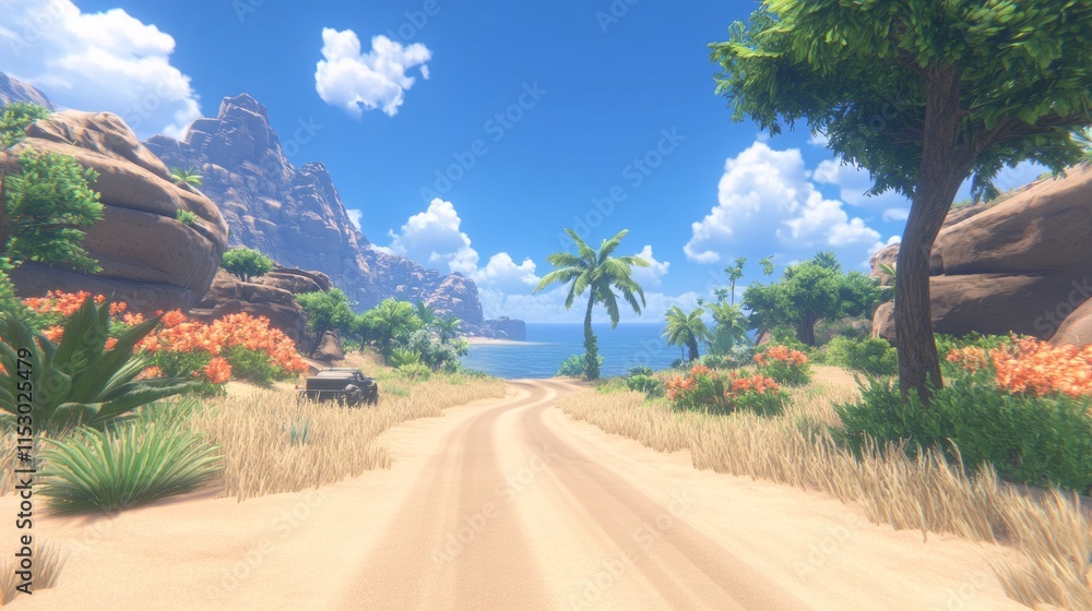 Tropical Island Coastal Road Scenic View with Abandoned Vehicle