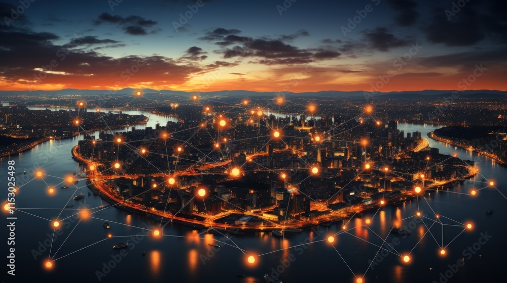 Naklejka premium Night Cityscape: Illuminated Urban Network at Sunset