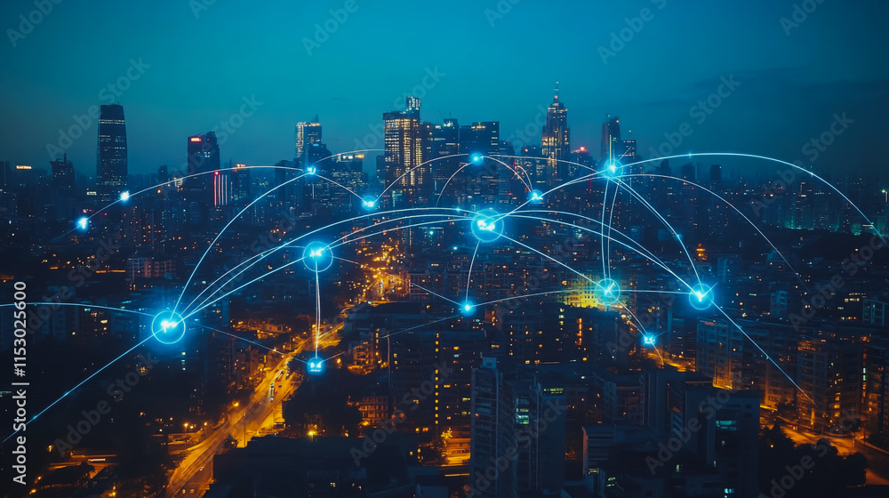 Smart digital city with connection cyber security network reciprocity over the cityscape . future smart wireless digital city and social media networking systems that connects people within the city Smart digital city with connection cyber security network reciprocity over the cityscape . future smart wireless digital city and social media networking systems that connects people within the city