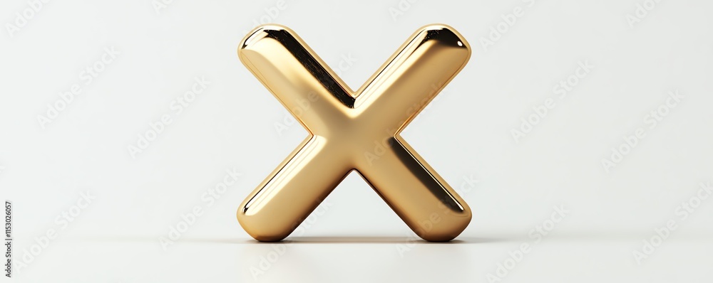 Fototapeta premium A golden 3D X symbol with a reflective surface on a white background, representing rejection and error in a clean, minimalist style