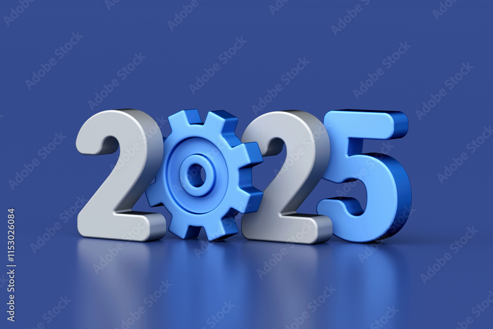 2025 text with gear icon symbolizing innovation, progress, and technology development on blue background, 3d rendering