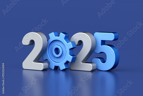 Obraz na płótnie 2025 text with gear icon symbolizing innovation, progress, and technology development on blue background, 3d rendering w salonie