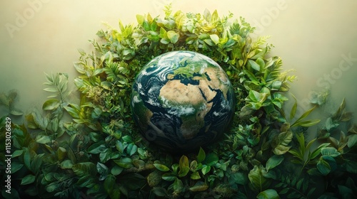 Earth surrounded by lush greenery depicting nature's abundance and sustainability photo