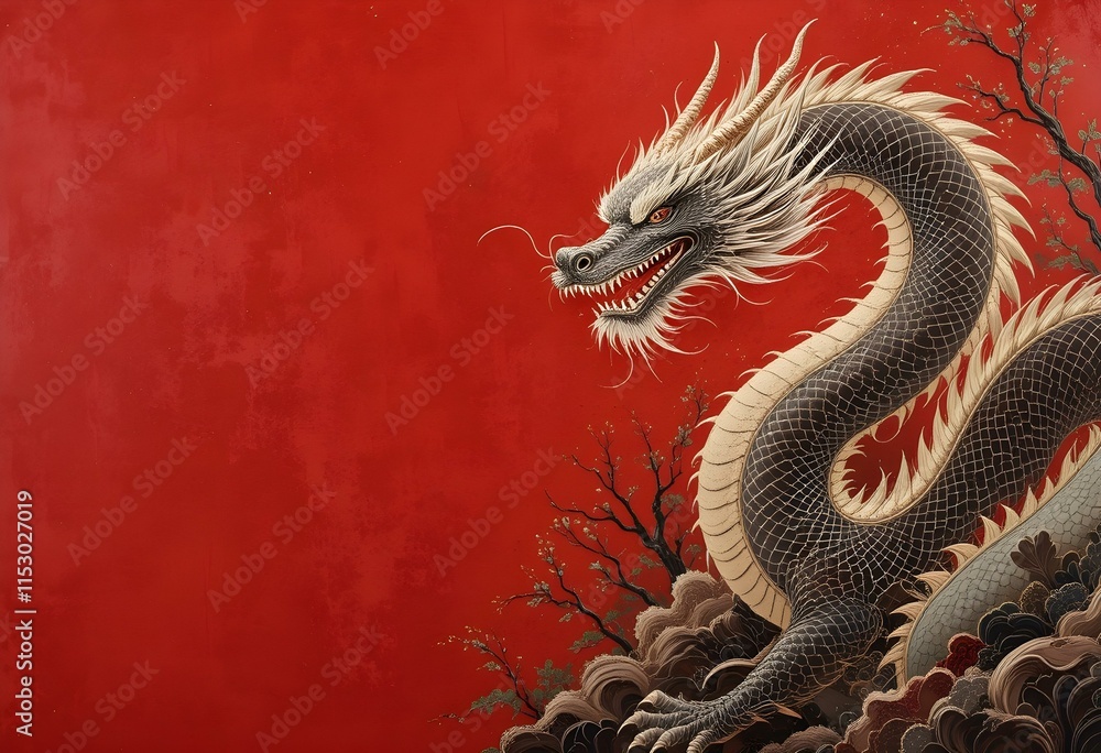 Fototapeta premium Majestic Asian Dragon on a Vibrant Red Background. Generative AI.