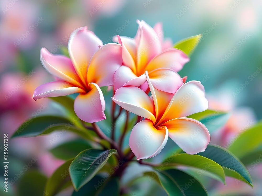 Lilawadee plumeria, vibrant blossoms, rule of thirds composition. Lilawadee plumeria, vibrant blossoms, rule of thirds composition.