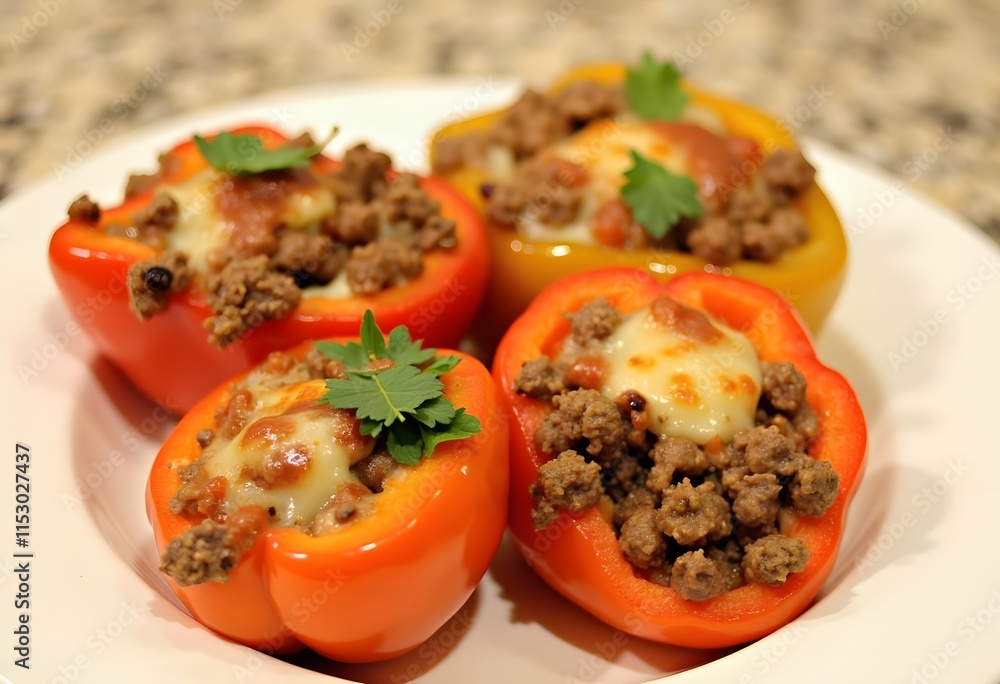 Stuffed red peppers on plate close up
Stuffed red peppers on plate close up