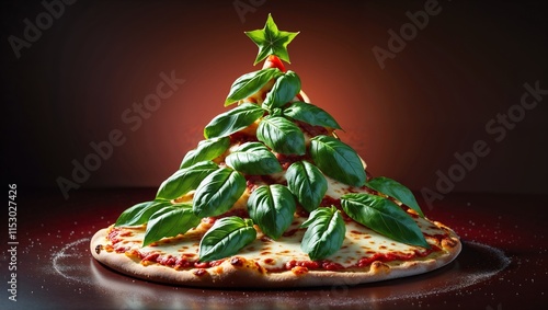 Christmas tree shaped pizza decorated with basil 