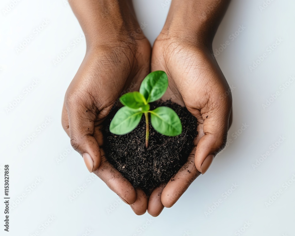 Hands gently holding a small seedling with visible roots, symbolizing nurturing and the growth of new life against a clean white background Hands gently holding a small seedling with visible roots, symbolizing nurturing and the growth of new life against a clean white background