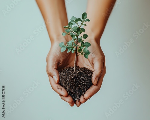 Hands gently holding a small seedling with visible roots, symbolizing nurturing and the growth of new life against a clean white background photo