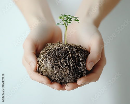 Hands gently holding a small seedling with visible roots, symbolizing nurturing and the growth of new life against a clean white background photo