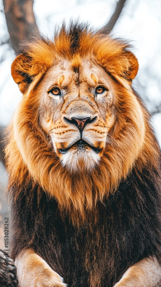 Fototapeta premium A majestic lion with a thick mane gazes directly at the viewer, showcasing its powerful presence.
