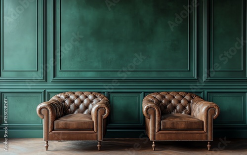 Luxurious leather chairs in front of an emerald green wall, sophisticated design, sharp focus, photorealistic rendering