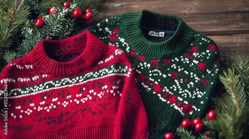 Festive Christmas Sweaters in Red and Green, Cozy Winter Holiday Apparel, Knitwear Detail photo