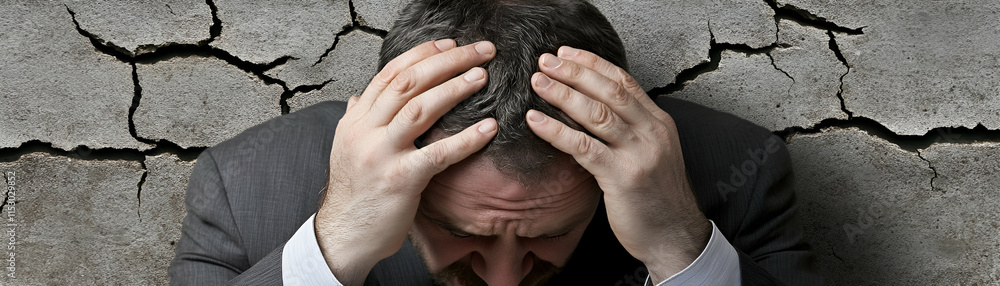 Fototapeta premium Man in Suit, Despair and a Cracked Wall Background, Illustrative Image of Emotional Distress and Fragility