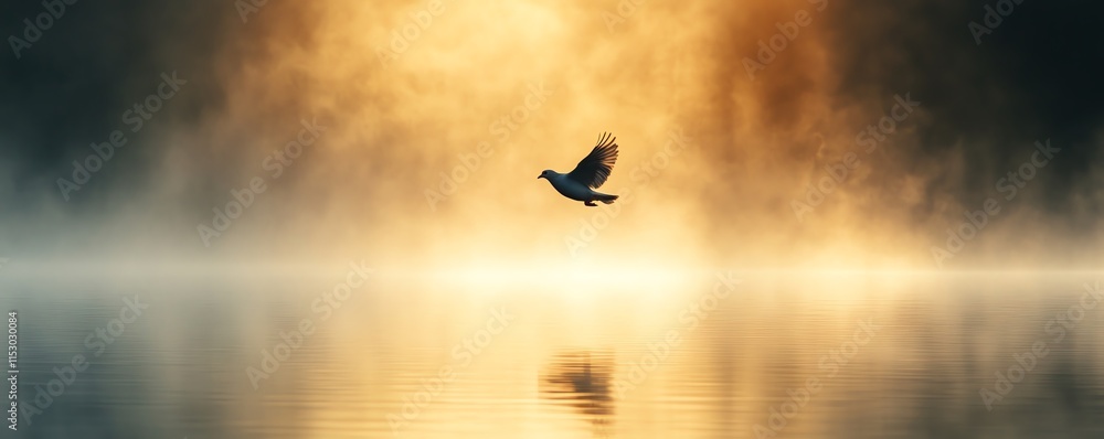 Fototapeta premium A dove flying above the still surface of a peaceful lake, with mist rising from the water, soft golden hour light enveloping the scene
