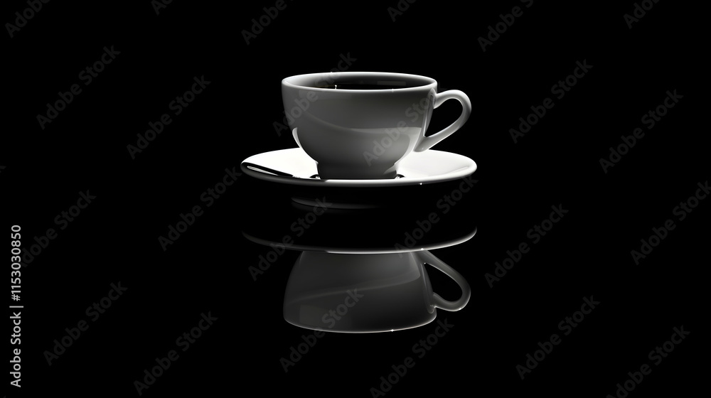 White cup with dark liquid, saucer, and reflection on black surface. White cup with dark liquid, saucer, and reflection on black surface.