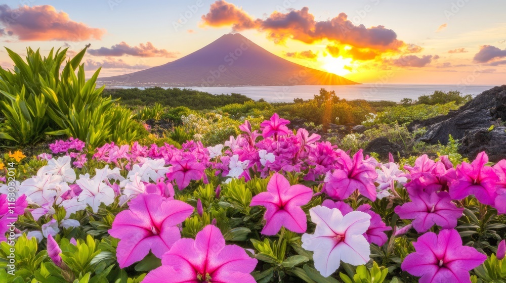 Obraz premium Vibrant Flowers Blooming at Sunset with Volcanic Peak