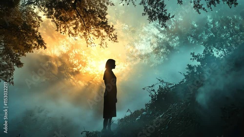 Wallpaper Mural Silhouette of woman in misty forest at sunrise Torontodigital.ca