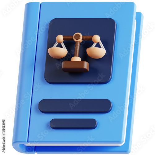 Law Book 3D icon. Opened Book With Hammer of Justice and Handcuffs