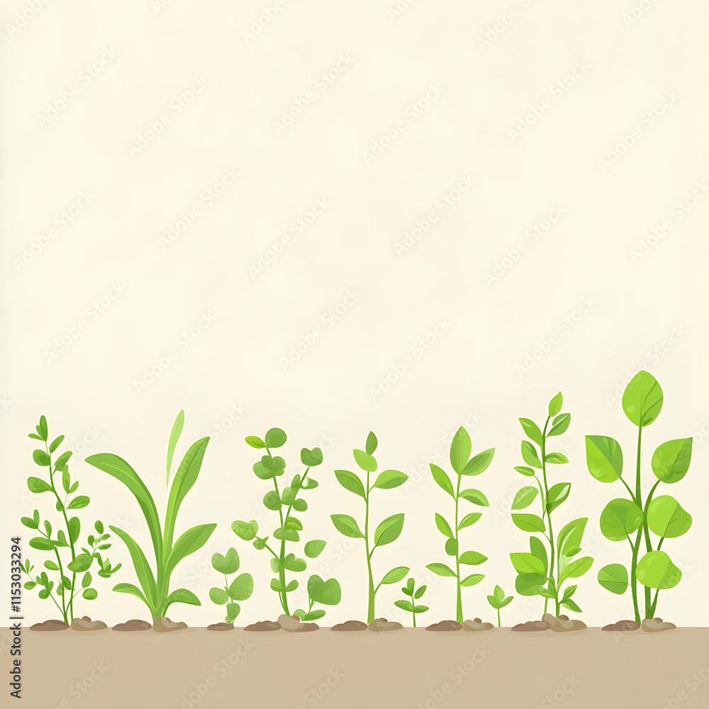 Vibrant Green Plants Illustration, A Row of Diverse Foliage Growing in Soil Against a Light Beige Background, Representing Spring Growth and Nature's Beauty.