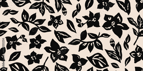 Hand drawn minimal abstract flowers. Seamless patterns with organic shapes black and white color for fabric, textiles, clothing, wallpaper, cover, banner, home decor, florals backgrounds.