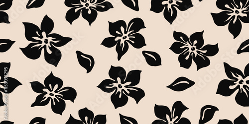 Hand drawn minimal abstract flowers. Seamless patterns with organic shapes black and white color for fabric, textiles, clothing, wallpaper, cover, banner, home decor, florals backgrounds.