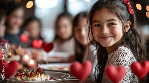 A family gathered around a table decorated with hearts sharing a Valentine meal together Stock Photo with side copy space
