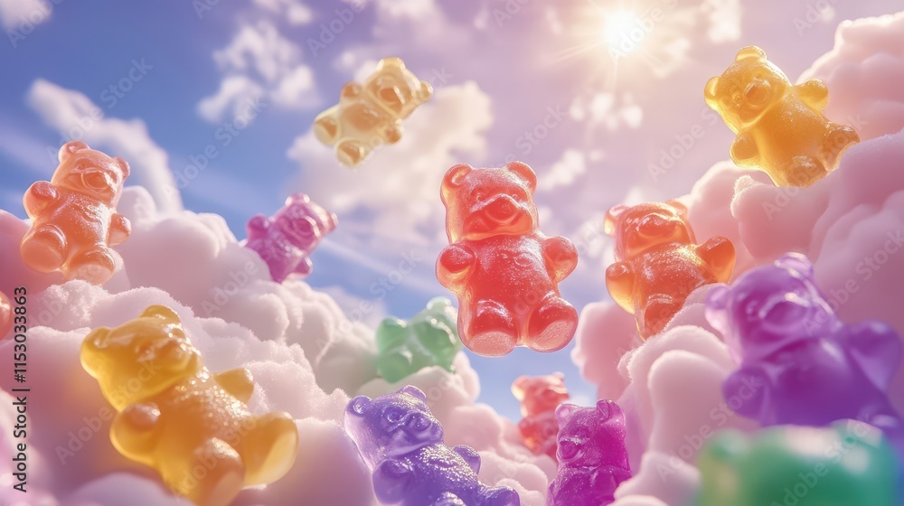 Falling Colorful jelly gummy bear with cloud,blue sky and rainbow,selective focus. Falling Colorful jelly gummy bear with cloud,blue sky and rainbow,selective focus.