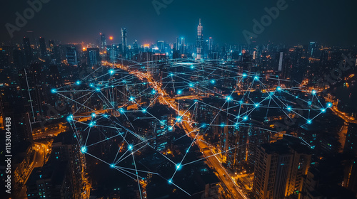 Wallpaper Mural Smart digital city with connection cyber security network reciprocity over the cityscape . future smart wireless digital city and social media networking systems that connects people within the city Torontodigital.ca