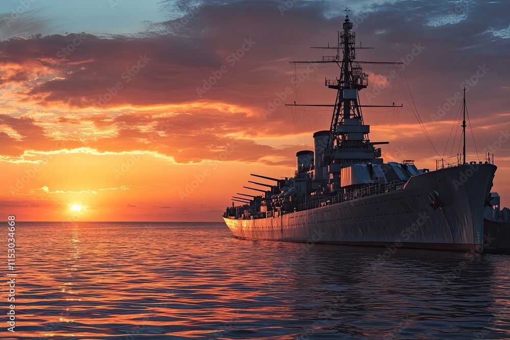 Battleship silhouetted against a vibrant sunset. Battleship silhouetted against a vibrant sunset.