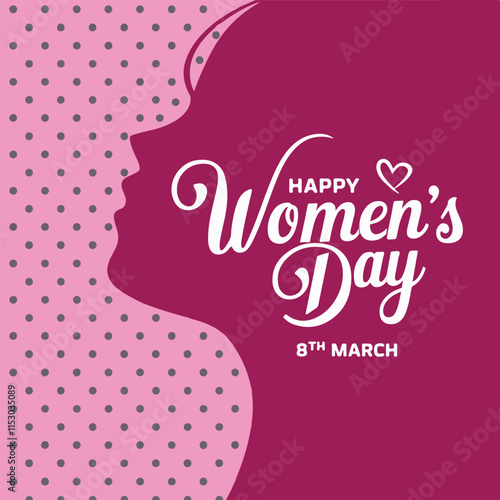 Women s Day design with girl face and text label. Happy International Women s Day on March 8th design background. Illustration of woman s face profile with retro style makeup. EPS10 vector.