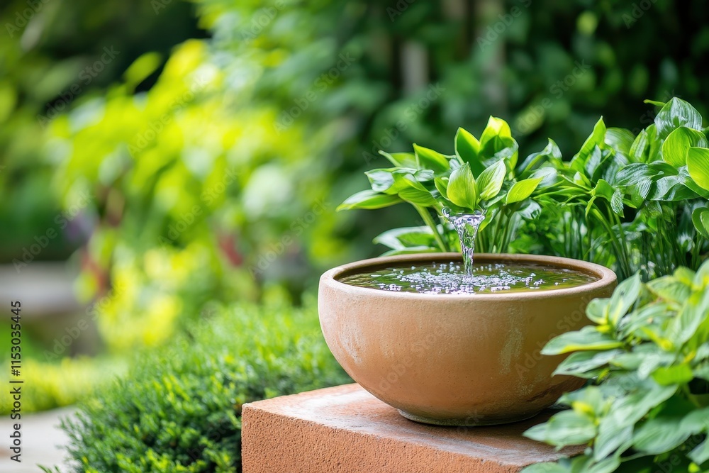 Tight frame of a rustic water fountain surrounded by lush greenery and blooming flowers in a tranquil garden setting. Tight frame of a rustic water fountain surrounded by lush greenery and blooming flowers in a tranquil garden setting.