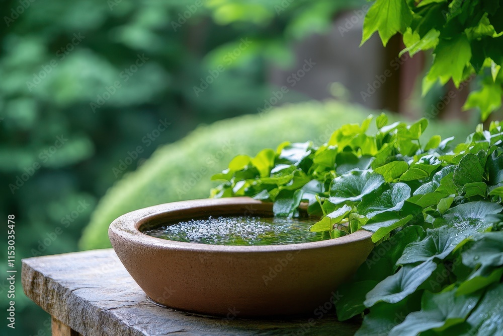 Tight frame of a rustic water fountain surrounded by lush greenery and blooming flowers in a tranquil garden setting.