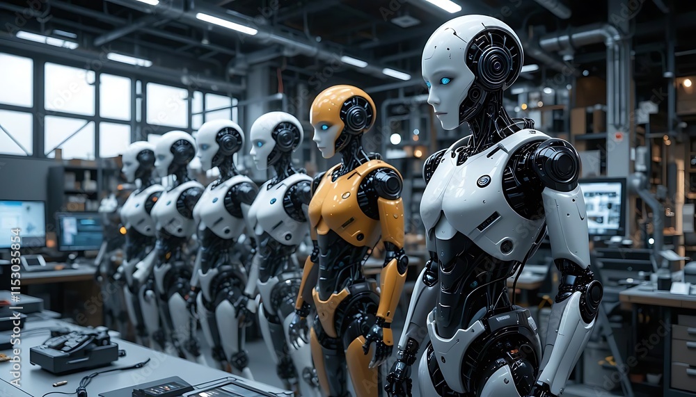 Fototapeta premium Advanced Robots Stand in a Modern Factory Setting