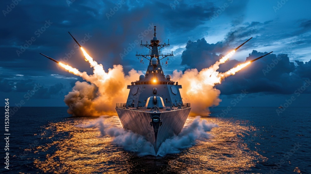 Obraz premium Powerful Naval Warship Unleashing Missile Barrage During Stormy Conflict at Sea