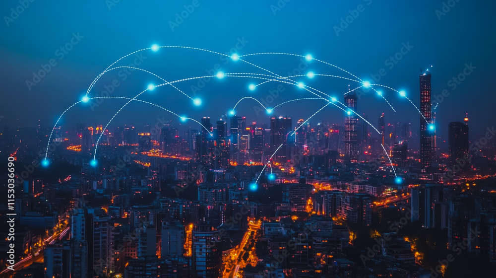 Smart digital city with connection cyber security network reciprocity over the cityscape . future smart wireless digital city and social media networking systems that connects people within the city Smart digital city with connection cyber security network reciprocity over the cityscape . future smart wireless digital city and social media networking systems that connects people within the city