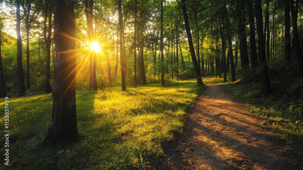 Obraz premium Sun shining through the trees in a forest.