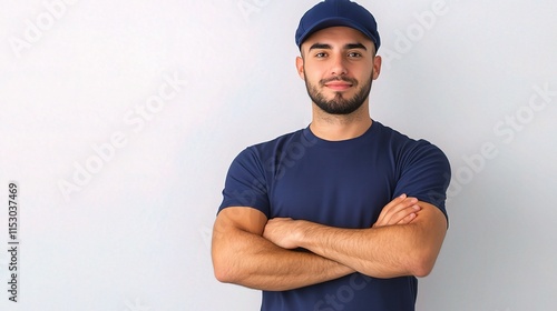 Professional Deliveryman in Blue Cap and Shirt Posing Confidently photo