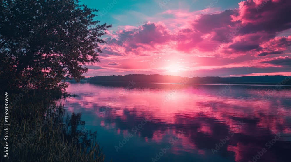 Vibrant pink and blue sunset over a still lake with silhouettes of trees and mountains in the background