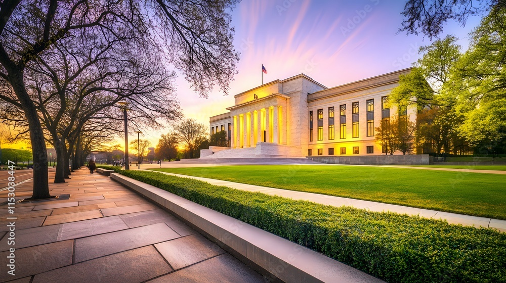 Obraz premium Historic Federal Reserve building exterior showcasing architectural grandeur and economic significance, embodying stability and financial stewardship in modern society