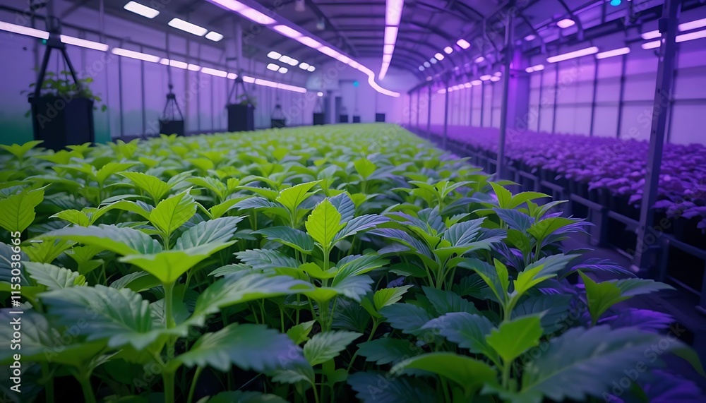 Indoor Greenhouse With Rows Of Growing Plants Under Purple Lights Indoor Greenhouse With Rows Of Growing Plants Under Purple Lights