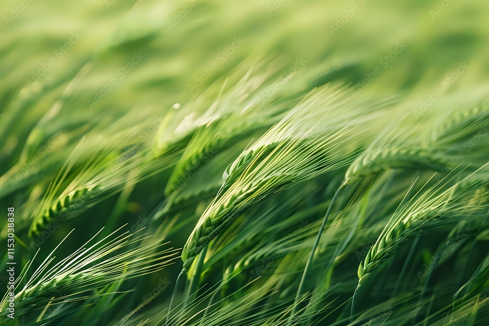 Vibrant Green Wheat Field: Stalks Swaying Gently in the Breeze, a Serene Summer Landscape, Showing the Beauty of Nature's Growth Cycle and the Promise of Abundant Harvest. Vibrant Green Wheat Field: Stalks Swaying Gently in the Breeze, a Serene Summer Landscape, Showing the Beauty of Nature's Growth Cycle and the Promise of Abundant Harvest.