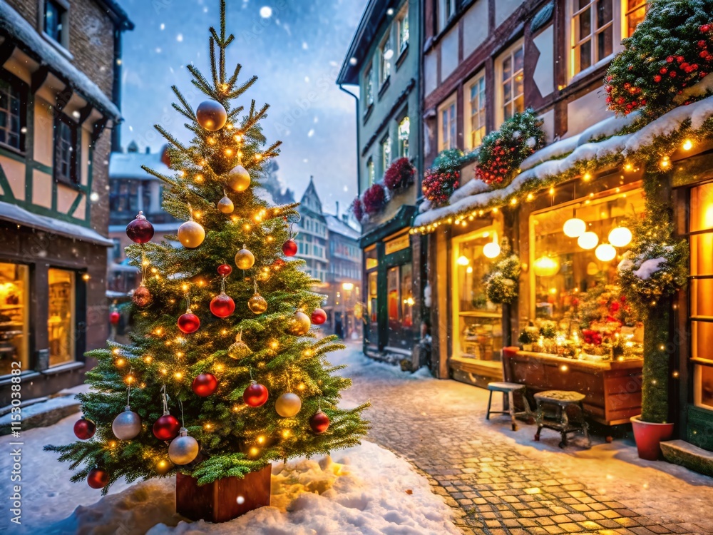 Fototapeta premium Christmas Tree in European Winter Market Shop Window, Festive Decorations, Holiday Season