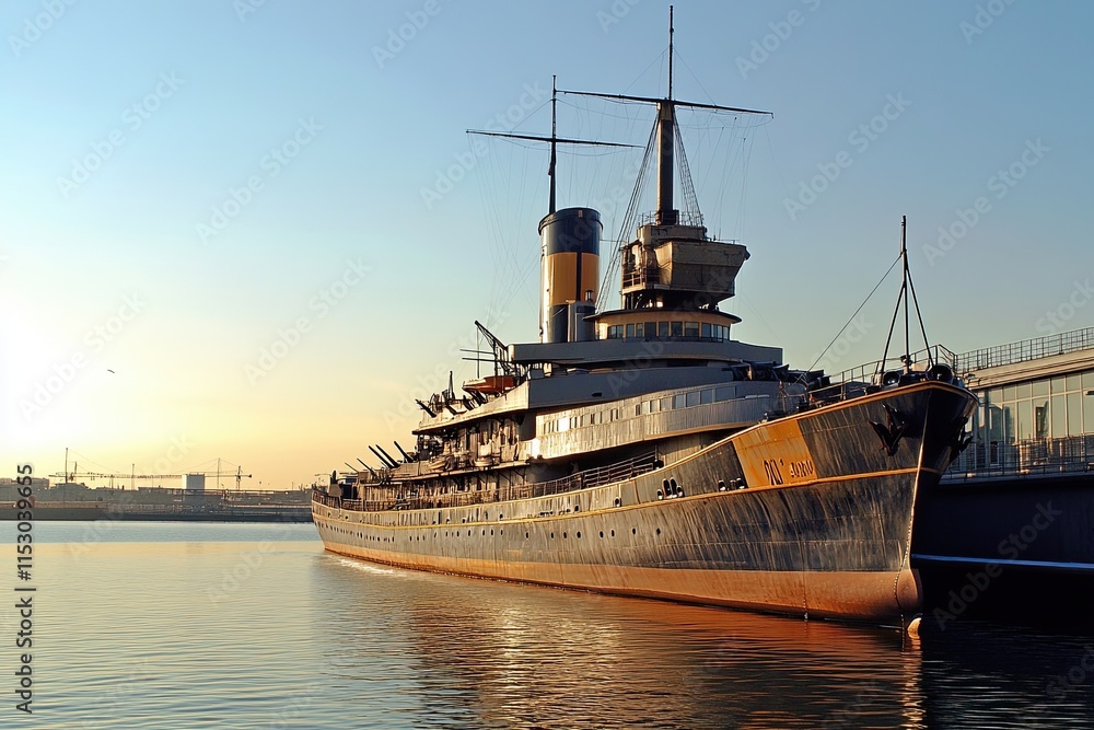 Naklejka premium Historic ship docked at sunset by the waterfront.